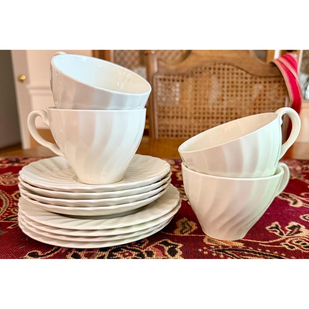 Vintage Johnson Brothers Regency Swirl White Ironstone Tea Cup & Plate Set